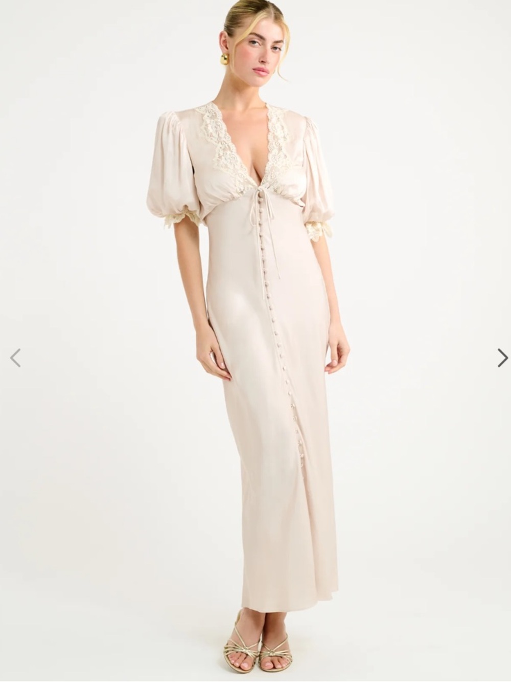 Rumored Honey Duster Maxi Dress X Small V Neckline Plunge Lace Trim Dove Creme